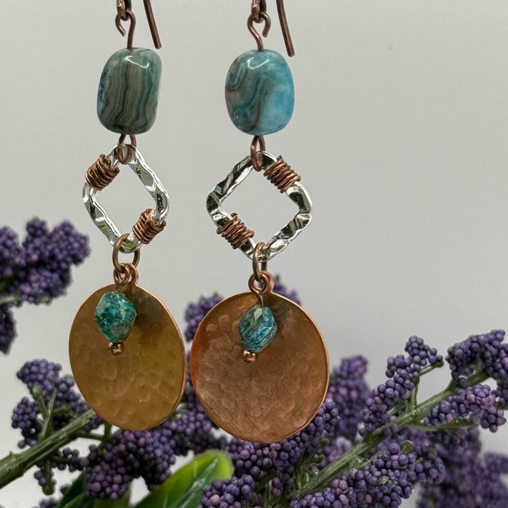Copper and Turquoise Dangle Earrings - Picture 6 of 8